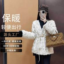 25冬季女装V领咖色女皮毛一体环保皮草外套羊皮腰带仿貂毛绒大衣