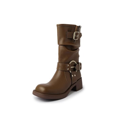 French brown thick-soled western cowboy boots for women 2024 new autumn thick heel retro slim Martin boots