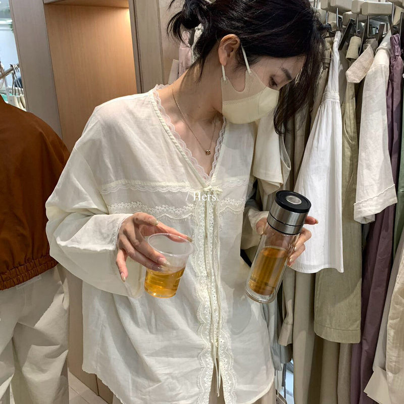 Hers Stylish and Elegant V-Neck Tie Shirt for Women, 2026 Spring Long-Sleeve Lace-Trimmed Vacation-Style Top