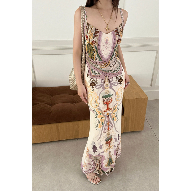2026 Summer New Original Print Dress for Women, High Waist, Slimming Ribbon Patchwork Suspender Long Dress, Fishtail Skirt
