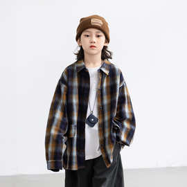 男童韩版格子衬衫痞帅潮范童装2025秋季新款中大童宽松衬衣外套男