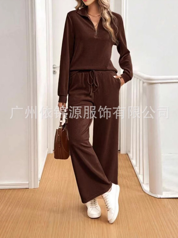 欧美外贸2025亚马逊秋冬款休闲运动套装拉链长袖卫衣阔腿裤两件套|undefined