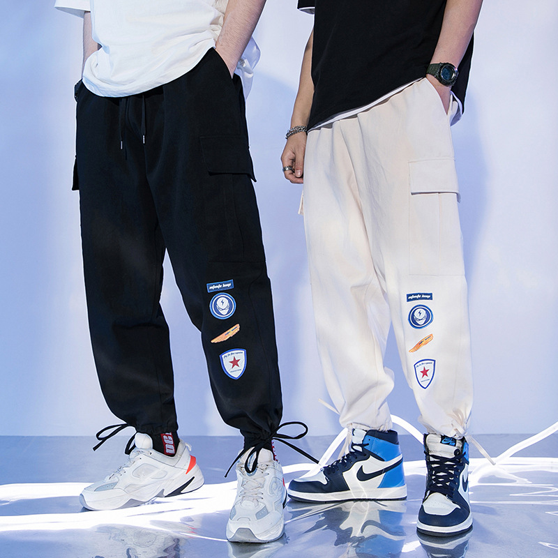 韓路日系男裝 2021春夏新款潮牌工裝休閑褲男圖案抽繩闊腳褲