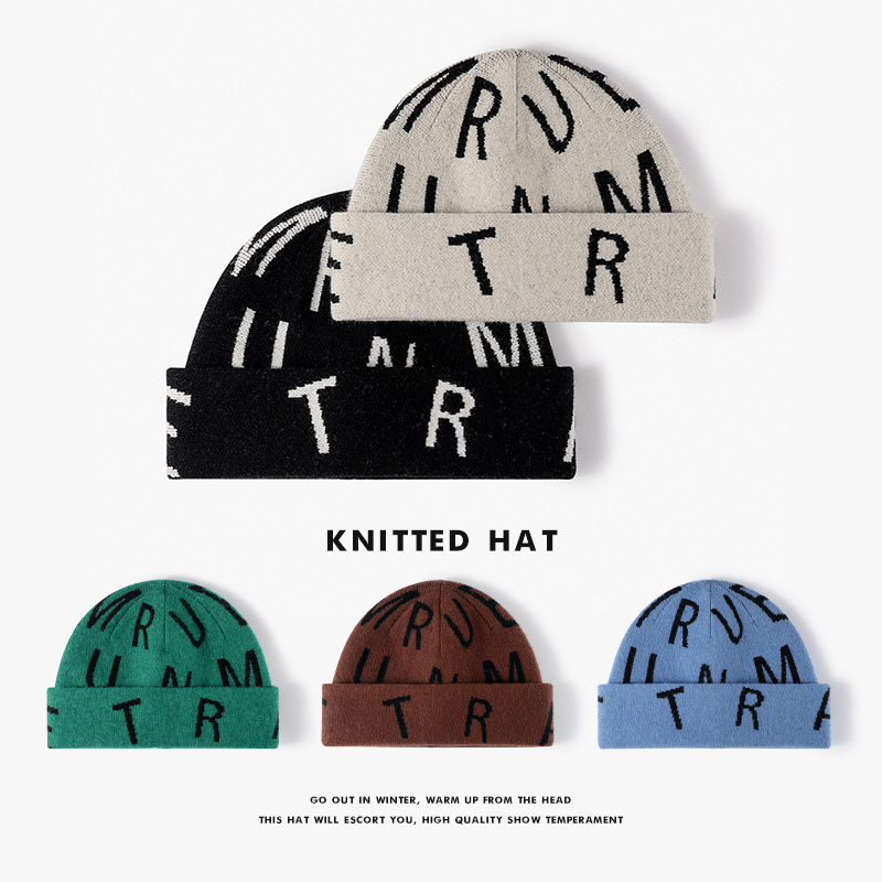 Alphabet Jacquard European and American Style Versatile Knitted Hat for Women, Autumn and Winter Outdoor Warm Thick Fashion Men's Wool Hat Trendy