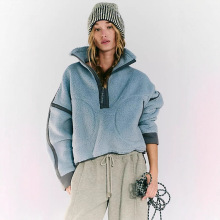 2025亚马逊秋冬休闲运动女装撞色长袖立领摇粒绒半开襟套头卫衣