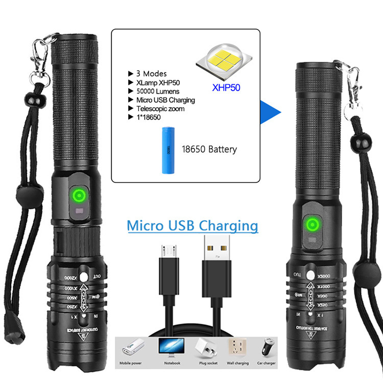 P50 transfronteriza linterna aleación de aluminio USB de carga de entrada y salida zoom linterna ventas directas de fábrica