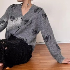 韩式V领重工亮片针织开衫毛衣2025秋冬新款慵懒风中长款上衣外套