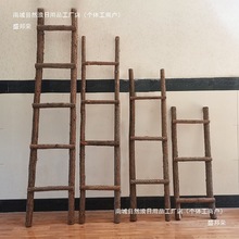 带皮实木梯子装饰原木楼梯绳梯复古直梯摆件木质软梯森系摄影道
