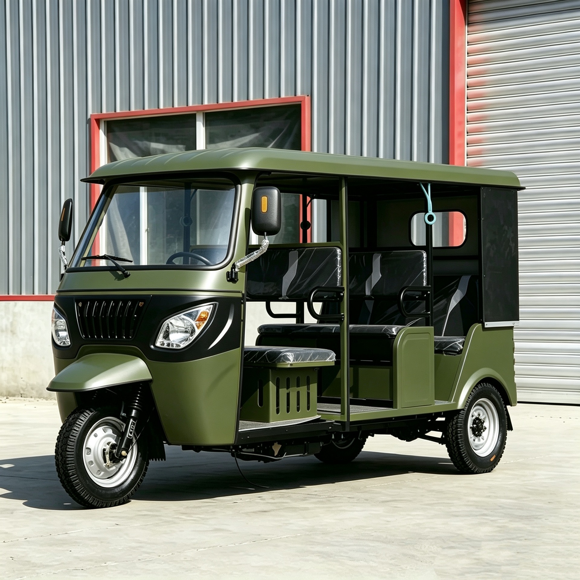 New matte military green three-wheeled passenger motorcycle for foreign trade export, large-capacity sightseeing vehicle for rural and urban passenger transport