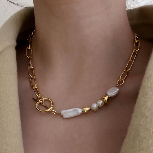 Colar feminino com design coreano Dongdaemun, colar de pérolas barrocas de metal, acessório personalizado de corrente de clavícula curta_voghion.com