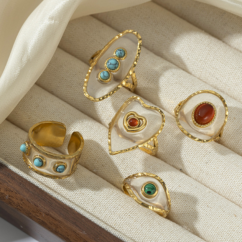 Anillo de acero inoxidable turquesa transfronterizo de TENA diseñado por mujeres nicho anillo de titanio no se desvanece joyería