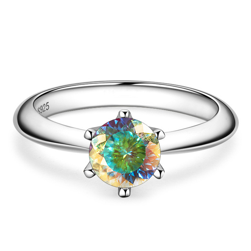 1 quilate color D mujer delicado anillo de boda de color S925 plata esterlina fuego explosivo de color