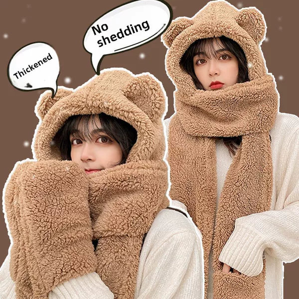 Autumn and winter new jennie with cute thick warm hat lamb velvet bear scarf student female ear protection