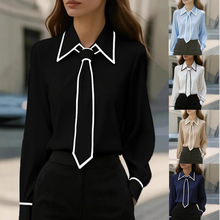 2025亚马逊速卖通爆款 秋季时尚纯色通勤领带长袖衬衫女装