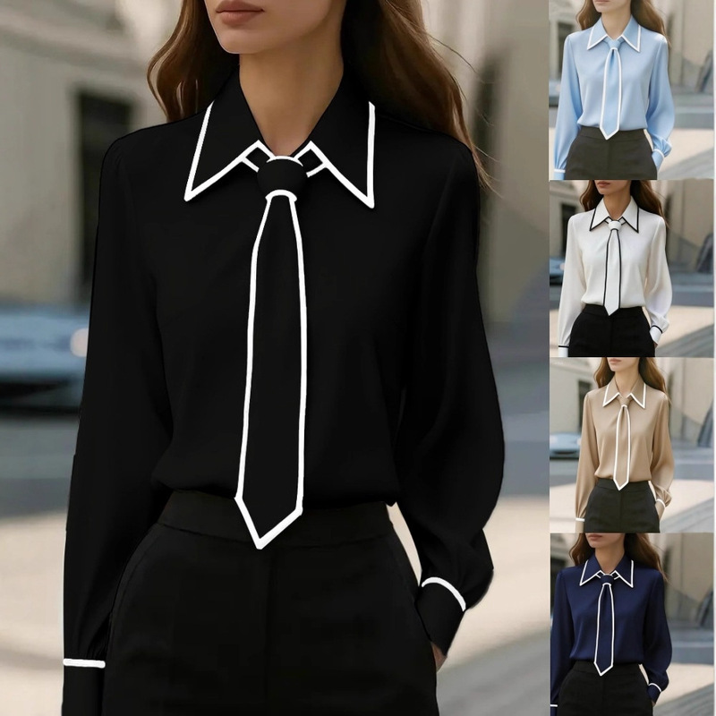 2025 Amazon Aliexpress Hot-Selling Item: Autumn Fashion Solid Color Commuter Tie Long-Sleeve Shirt for Women