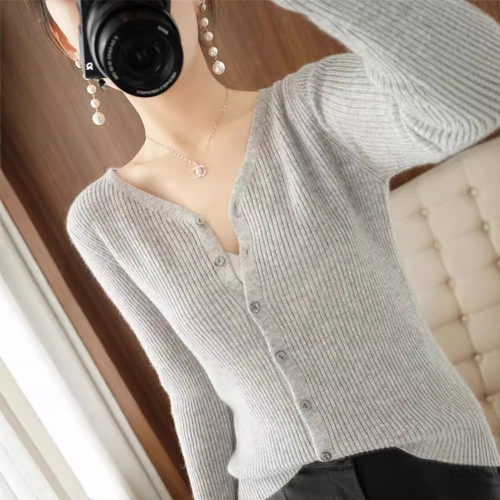 Women's Short V-Neck Cardigan Knit Sweater for Autumn/Winter, Outerwear, Fitted, Drawstring Long-Sleeve Cardigan