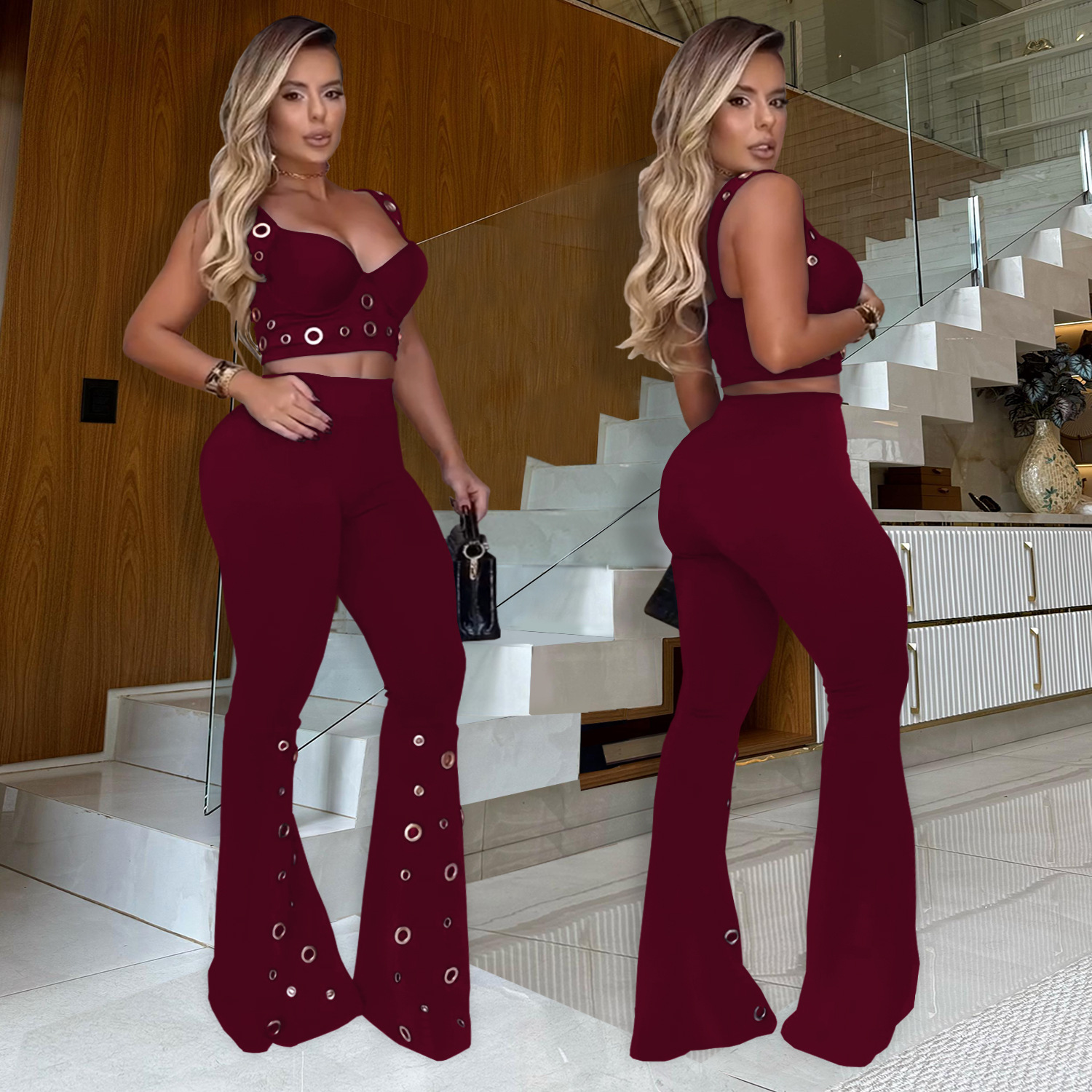 C7451 Cross-border AliExpress Amazon Moda europea y americana Ropa de mujer Temperamento Sexy Top Pantalones anchos Traje de dos piezas image 5