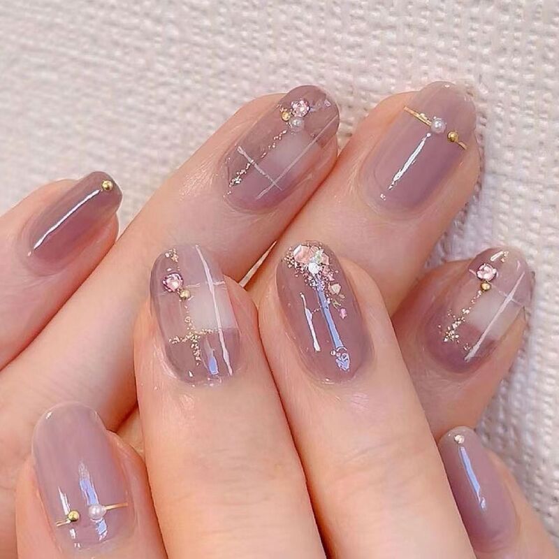 Wearable Nail Sticker Naked Pink Nail Pieces Golden Glitter Pearl Rhinestone Nail Pieces Finished Removable High-grade Wearable Nail Sticker Naked Pink Nail Pieces Golden Glitter Pearl Rhinestone Nail Pieces Finished Removable High-grade