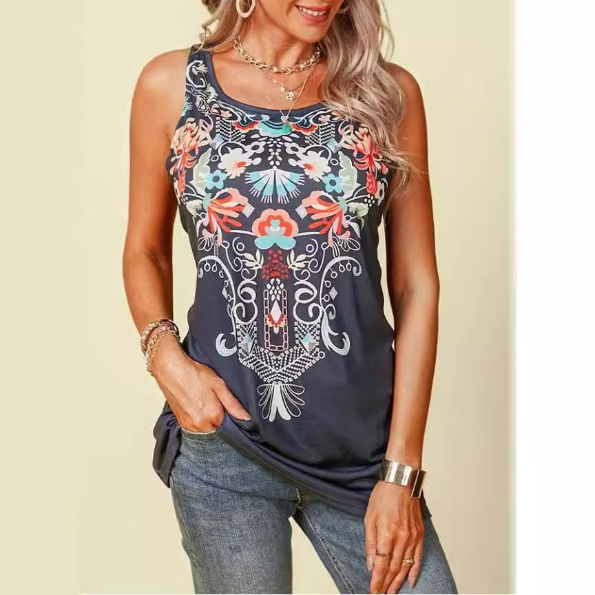 2024 Amazon independent station wish European and American new cross-border women's casual printed women's vest top T-shirt