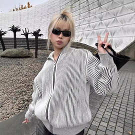 白灰拉链立领重磅毛衣粗条纹针织开衫宽松外套男女款宽松上衣潮