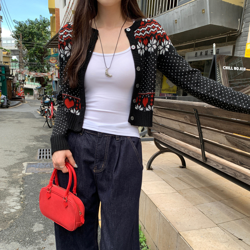 Early Autumn Discount Christmas Style Heart Dot Buttoned Sweater Jacket for Women 2025 Autum New Retro Slim Cardigan