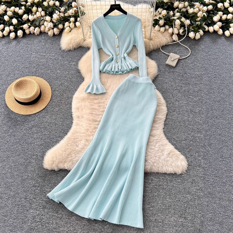 S Cross-Border European and American Style Dress Set, New Autumn and Winter Women's Clothing, Elegant Socialite Knit Sweater Coat + Skirt