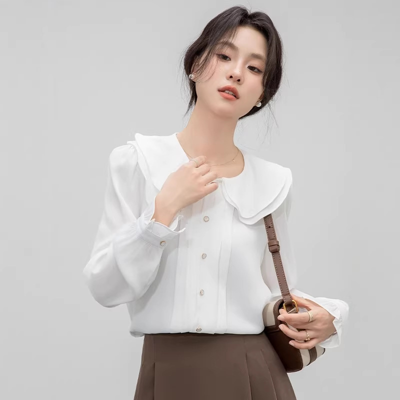 Real Shot Video in Details Long-Sleeved Shirt Women's Loose Bottoming Shirt White Design Trendy Top