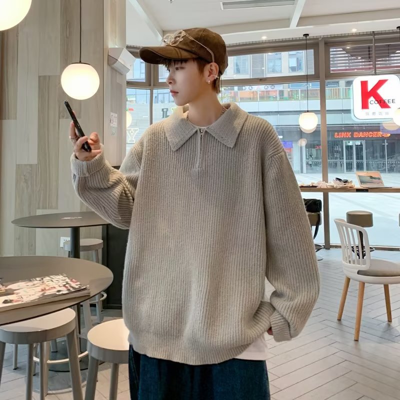 2024 nuevos hombres de otoño e invierno suéter suéter media cremallera retro color sólido cuello alto salvaje suelto conjunto simple deportivo