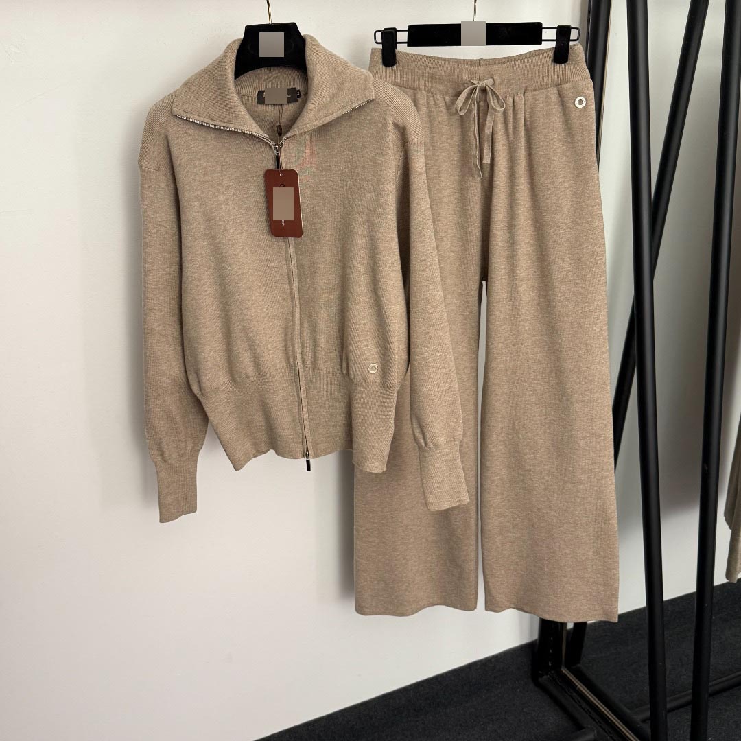 Lp New Knitwear Set with Metal Ring Decoration, Long-Sleeved Zip-Up Knit Cardigan Top with Turn-Down Collar + High-Waisted Long Pants