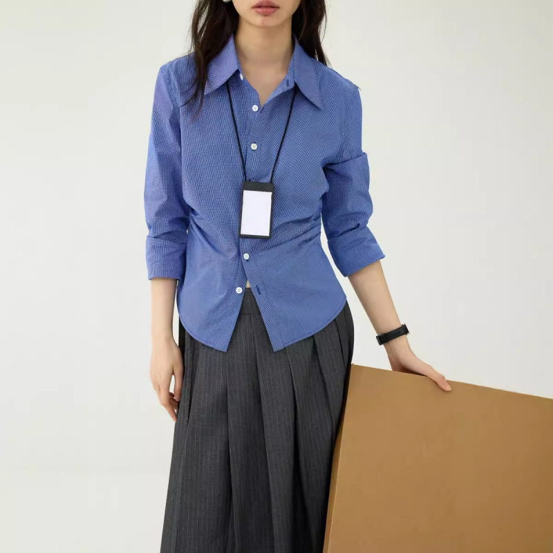 Fashionable Preppy Style Retro Pleated Long-Sleeve Shirt for Women, Autumn Season, Waist-Cinching, Slim-Fit Top Fashionable Preppy Style Retro Pleated Long-Sleeve Shirt for Women, Autumn Season, Waist-Cinching, Slim-Fit Top