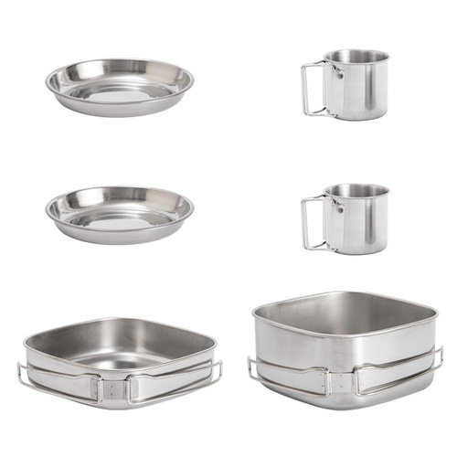 Outdoor 6-piece pot set, camping stainless steel pots, cups, lunch boxes, plates, cooking utensils, mountaineering bowl set, portable barbecue tableware for 3-4 people