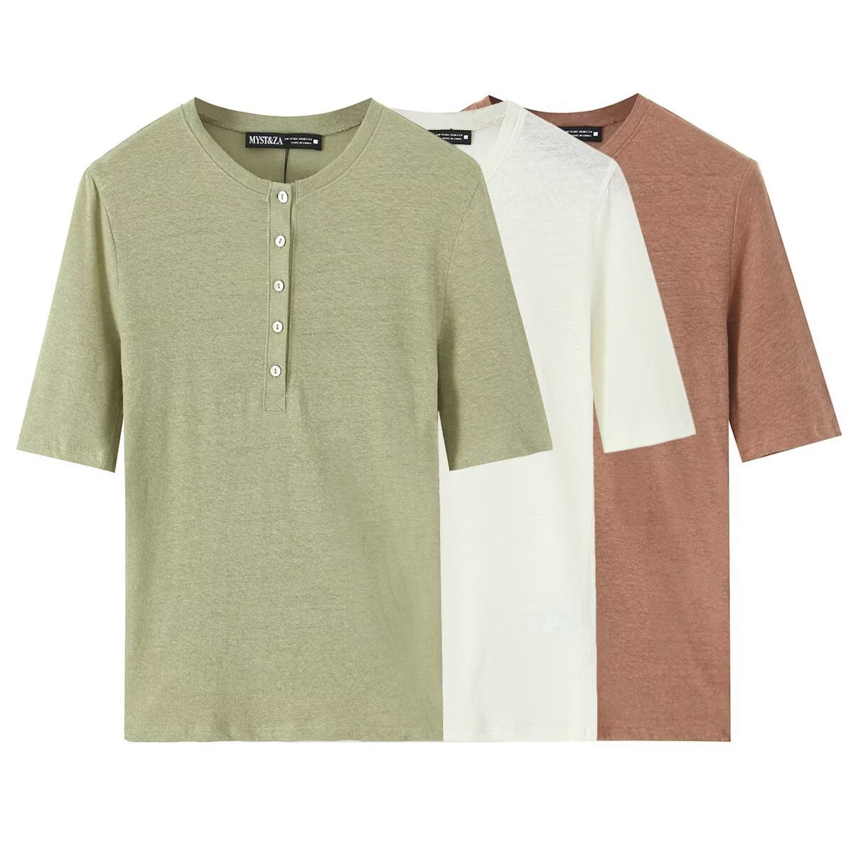 速卖通跨境欧美女装批发2025早春新款跨境排扣饰纯色简约 T 恤