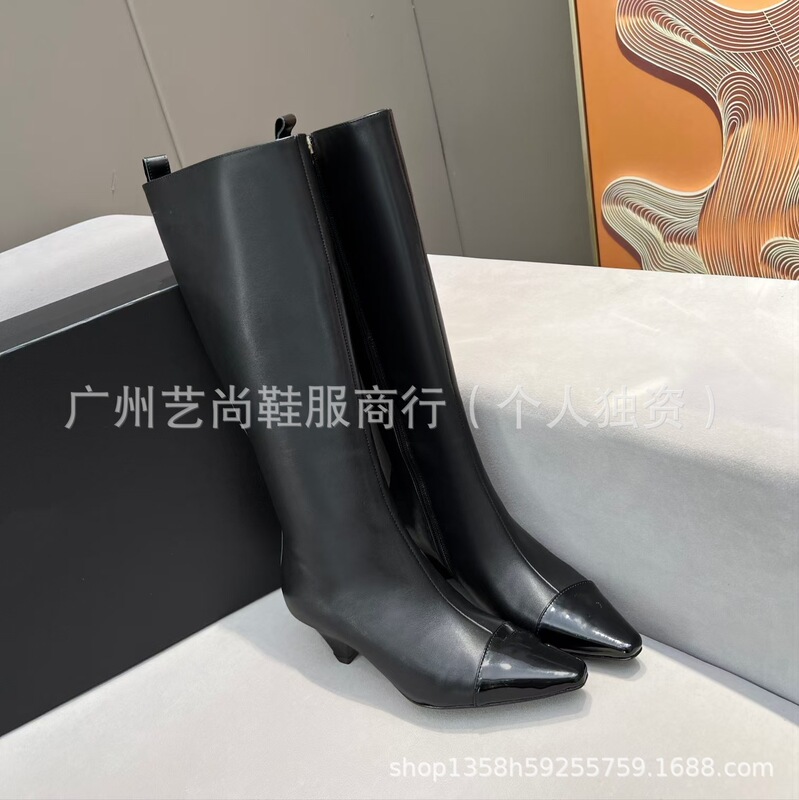 高版2025秋冬小香风真皮尖头拼色复古高跟侧拉链高筒骑士靴长靴女|undefined