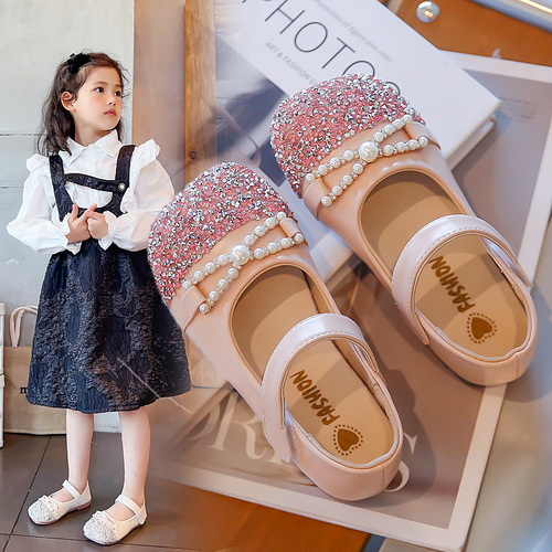 Princess Shoes for Girls, Children's Shoes  New Spring and Autumn Stylish Soft Sole Girls' Leather Shoes with Waterpearls Baby Single Shoes