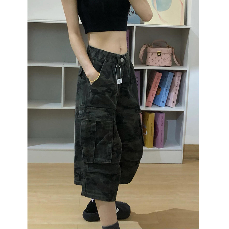 Camouflage American-Style Denim Capri Pants for Women, Summer Thin Wide-Leg Jeans, 7/8 Length Denim Shorts for Petite Women