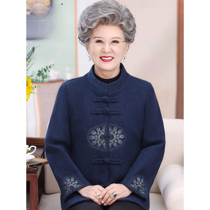 老年人秋装女奶奶毛呢外套宽松加绒加厚妈妈冬装60岁70老太太衣服