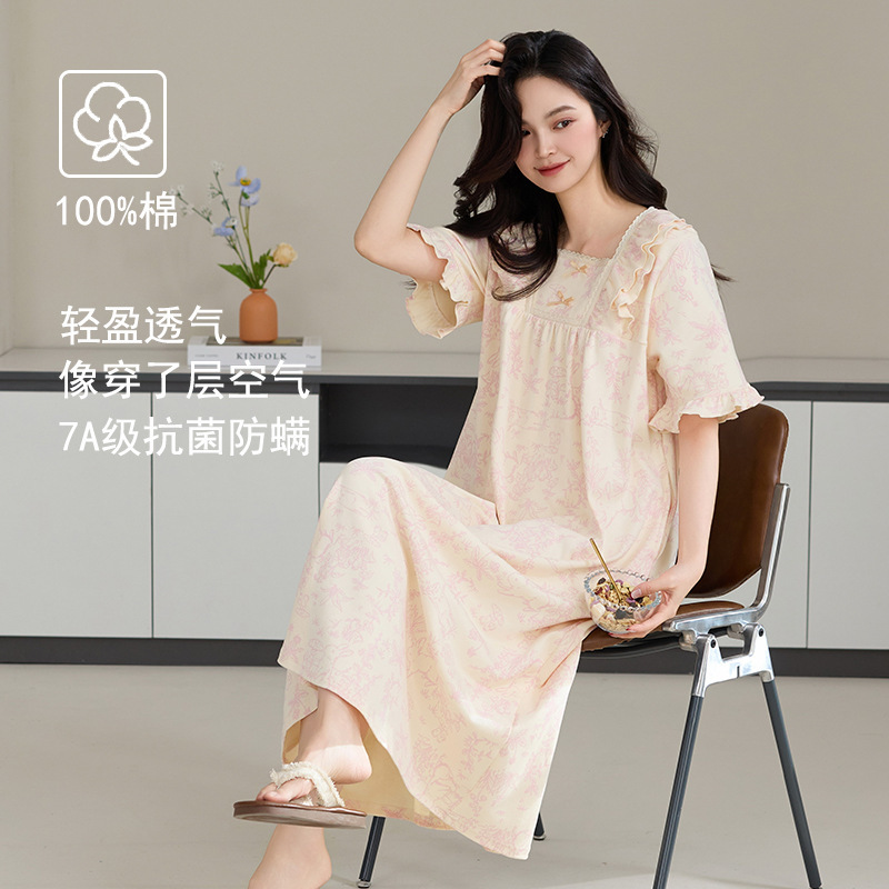 クラス A 抗菌ナイトガウン女性の夏の純粋な綿の半袖ドレスロングプラスサイズは外で着用できます女性のための綿のパジャマ|undefined