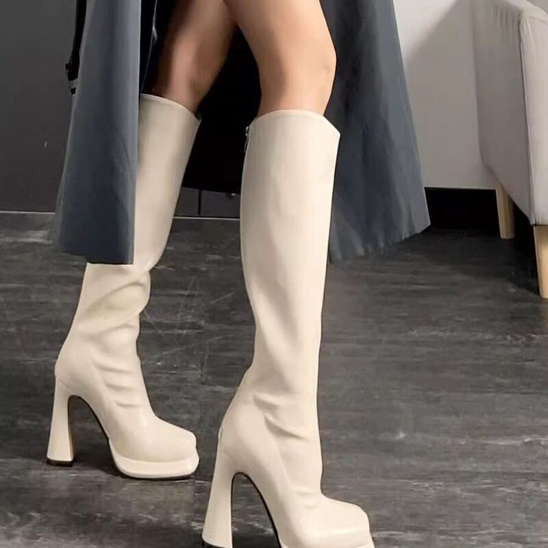 New Cream White High-Heeled Boots for Spring and Summer, Thick-Soled Slim Boots, New High-Tube Boots for Women That Make Legs Look Slimmer