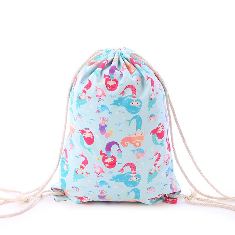 Factory direct sales: polyester-cotton blue little mermaid canvas bag, drawstring bag, storage bag, no bottom, no sides pic 1