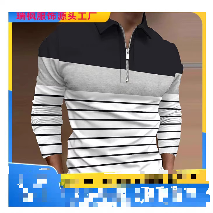 3D Stripe Print 2025 Men's Polo Shirt Fashionable Turn-Down Collar Golf Wear Men's Sports Long Sleeve Polo Shirt