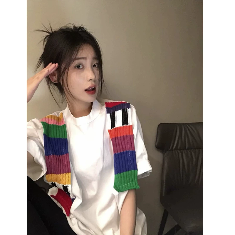 Американский ретро-свитер с радужным узором, шаль, модный брендовый свободный дизайн, короткий рукав, женская летняя высококачественная футболка