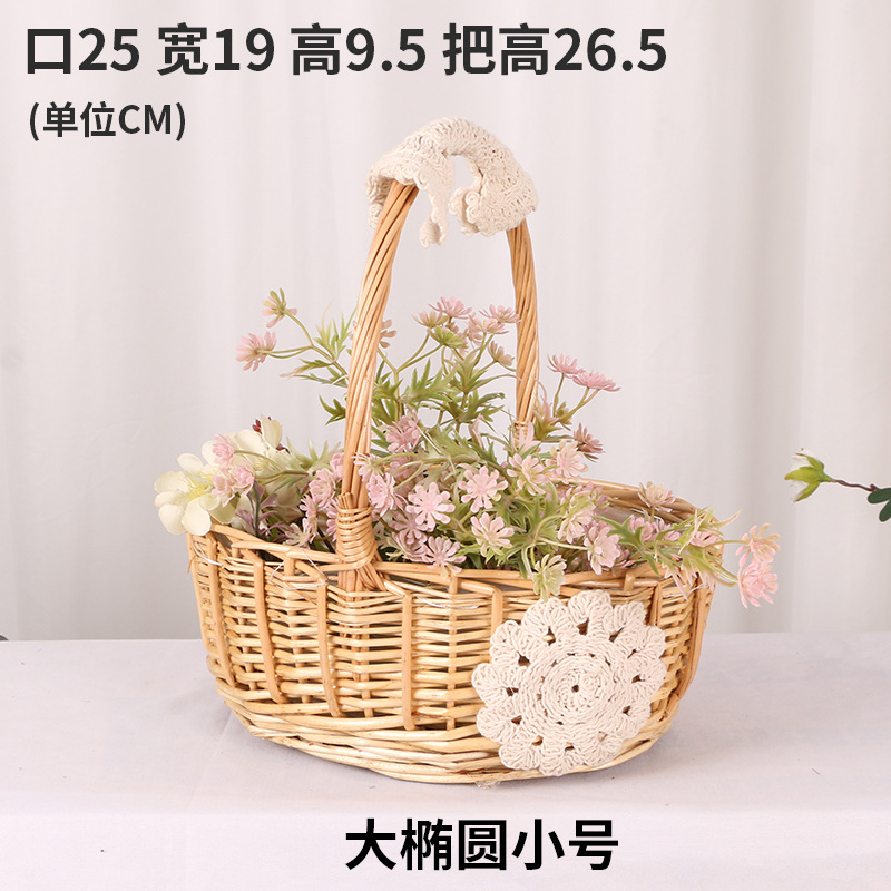 Regalo DE LA MANO perla princesa cesta sauce ratán tejida olla verde rosa flor niños foto cesta arco cinta portátil flor cesta