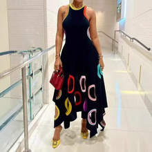 欧美跨境2025夏季新款时尚燕尾无袖定位印花镂空长款圆领女连衣裙