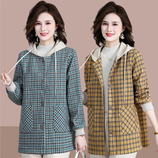 Mom's Spring Casual Hooded Jacket New Style Jacket Middle-Aged Women's Spring & Fall Plaid Top Fashion Windbreaker