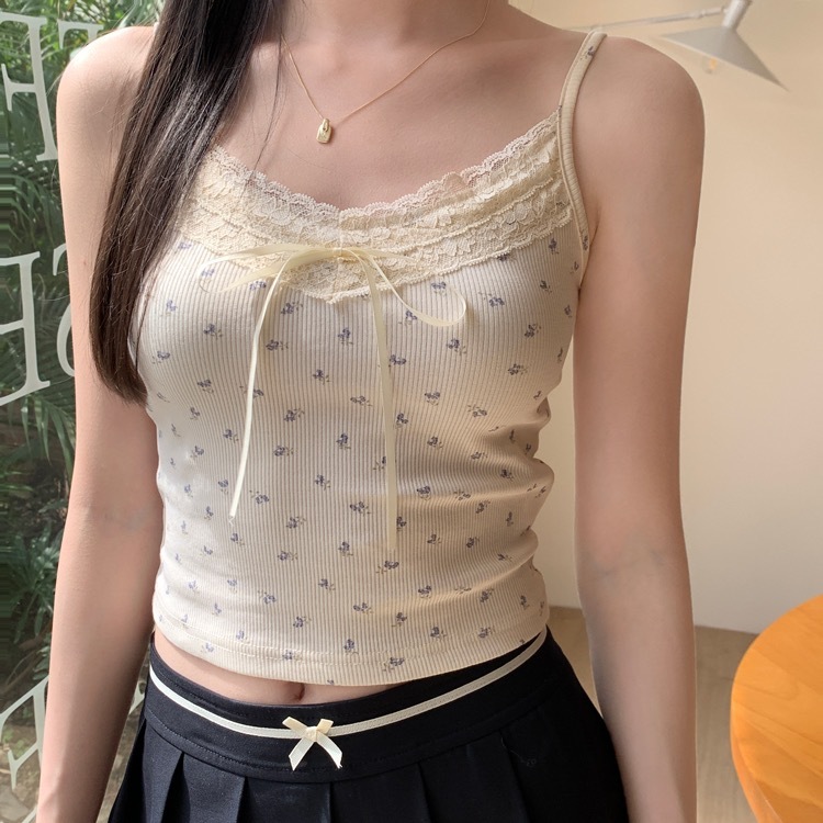 甜美碎花小熊吊带背心女装秋季辣妹蕾丝花边内搭外穿修身无袖上衣|undefined