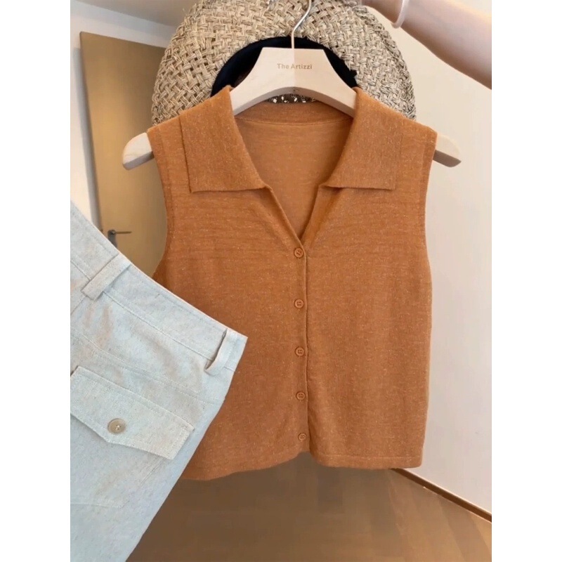 French-Style Orange Collared Knit Camisole for Women, Summer Sleeveless Outerwear, Ice Silk Tank Top