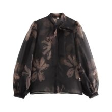 7547-秋季新款女装欧美风立领蝴蝶结系带欧根纱印花衬衫