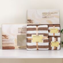 珊瑚绒毛巾浴巾套装两件套宽条纹绑卡片套巾礼品毛浴巾礼盒装