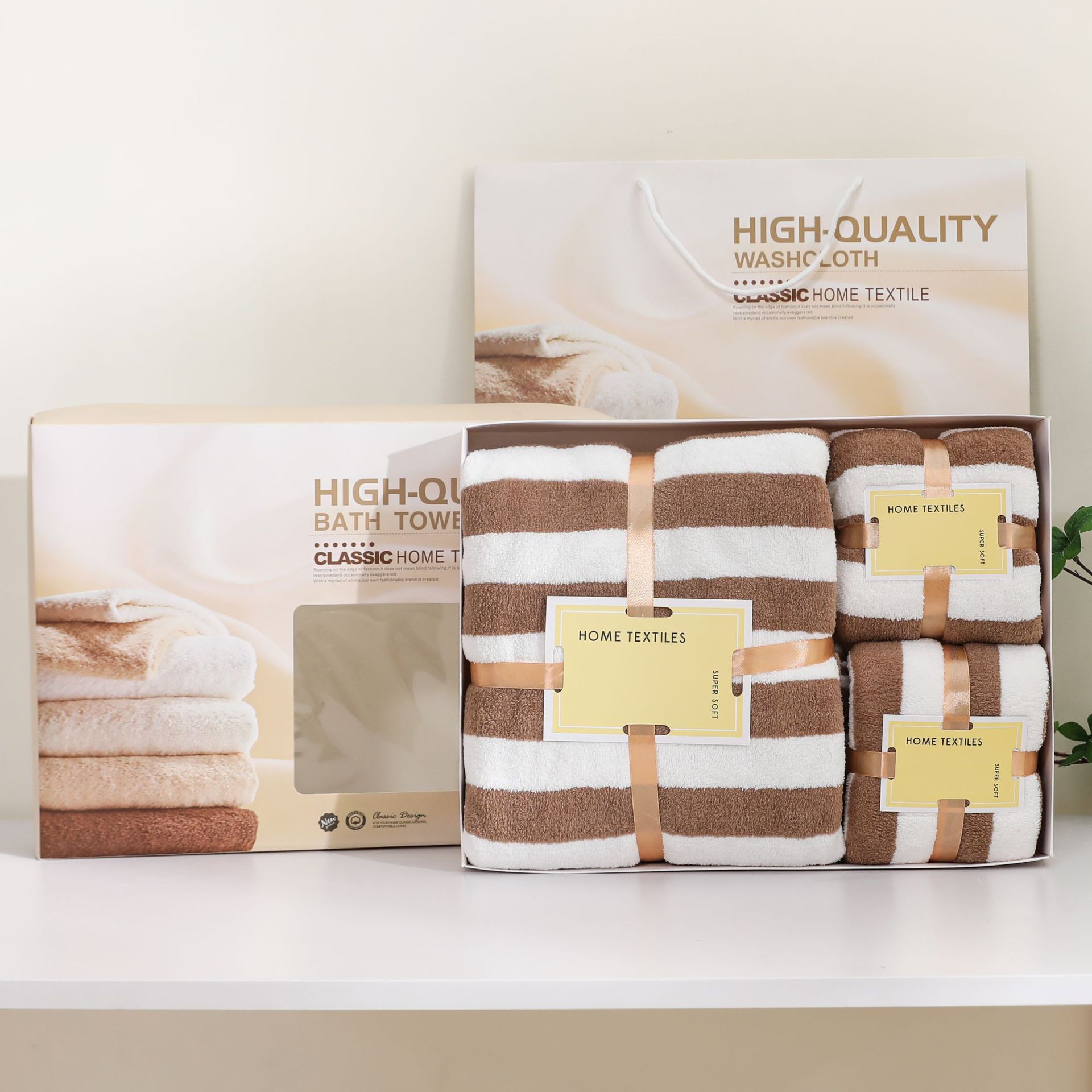 珊瑚绒毛巾浴巾套装两件套宽条纹绑卡片套巾礼品毛浴巾礼盒装