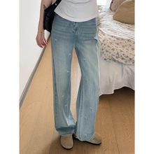 蝴蝶结刺绣阔腿牛仔裤女春秋新款梨形身材大码宽松显瘦直筒长裤子